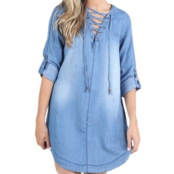 Altar’d State Lace Up Chambray Dress - Picture 1 of 9